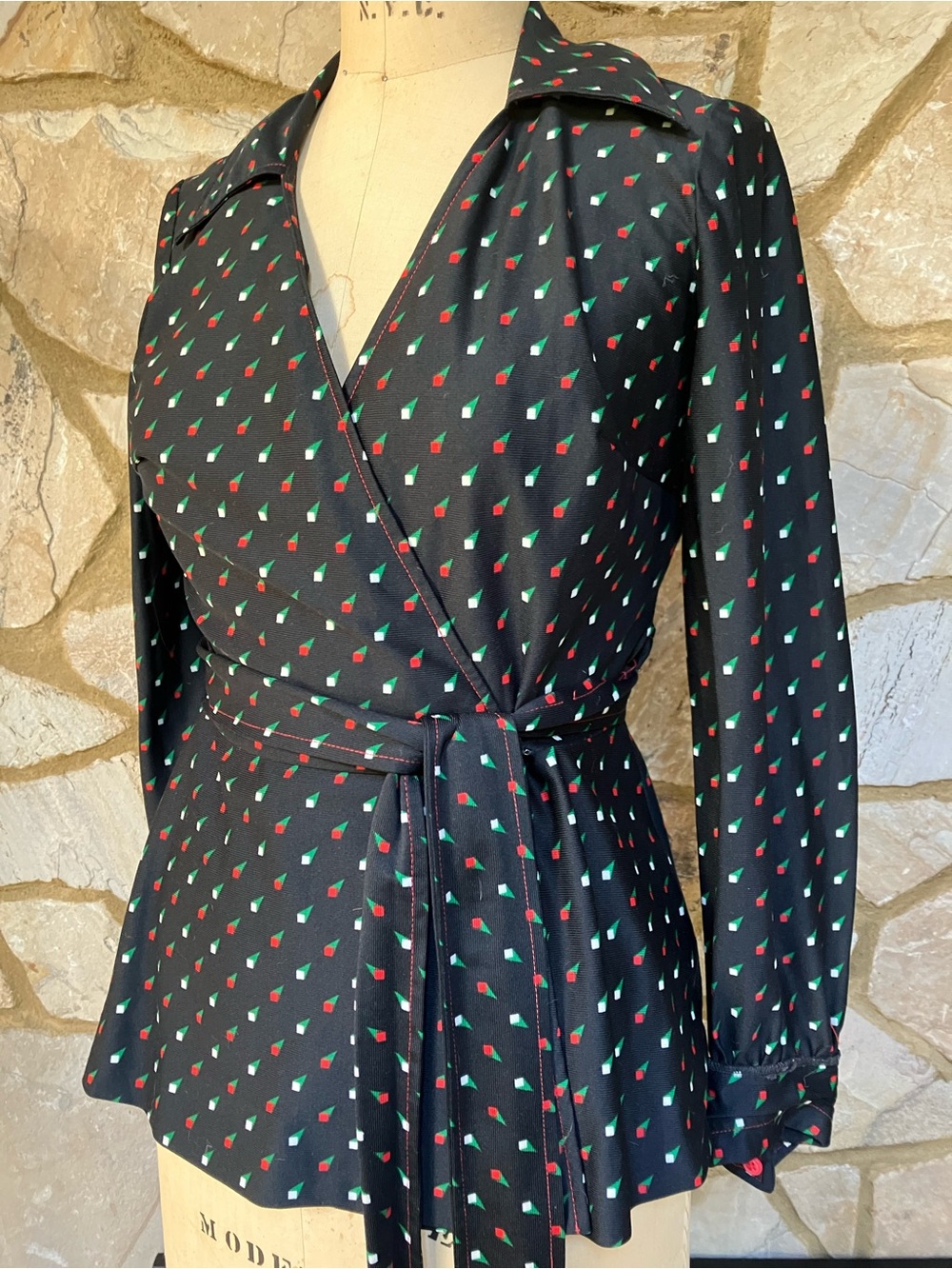 Vintage Black Wrap Blouse with Red & Green Dot Print